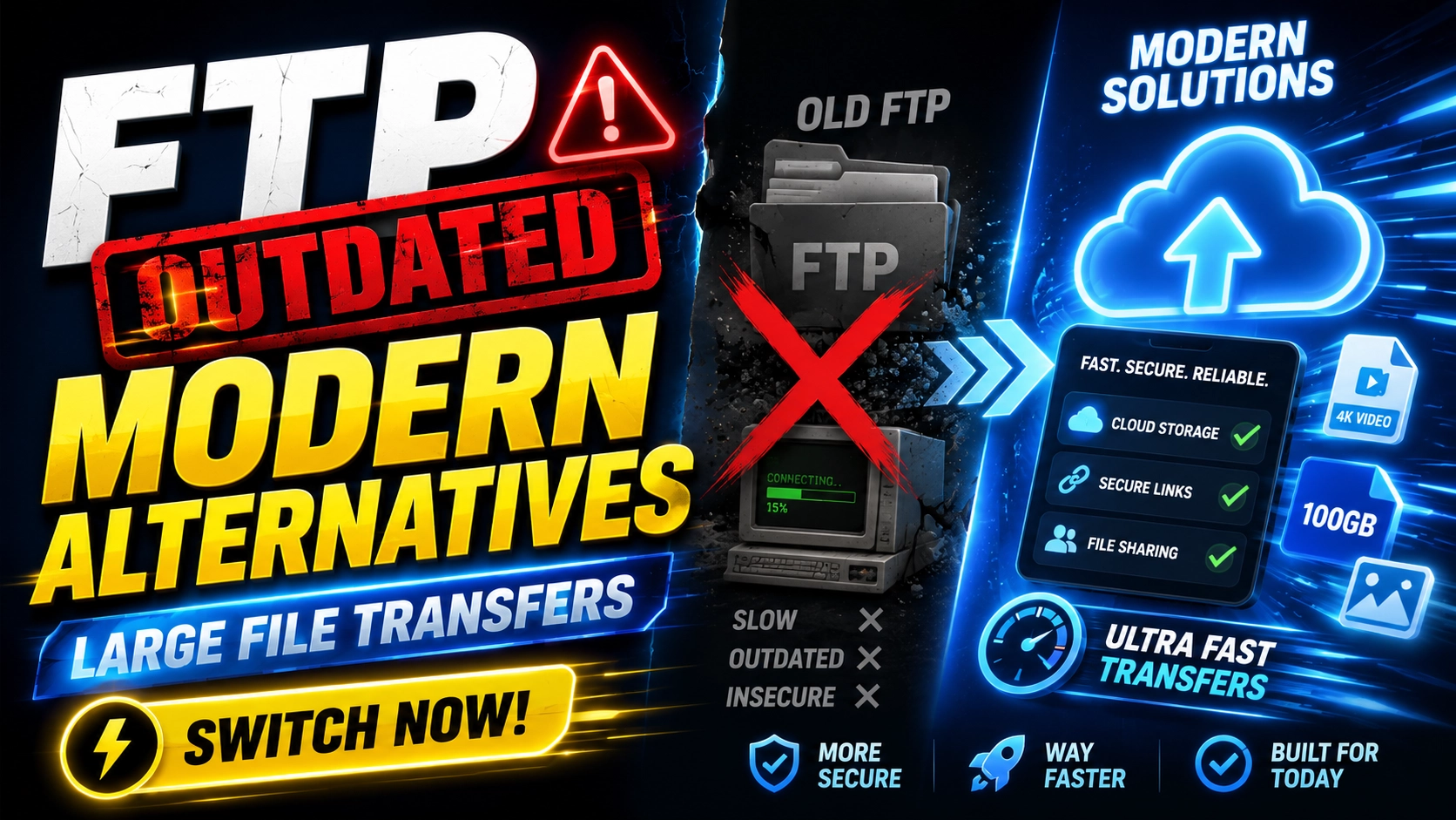 An aging FTP server crossed out beside modern browser-based file transfer and API icons