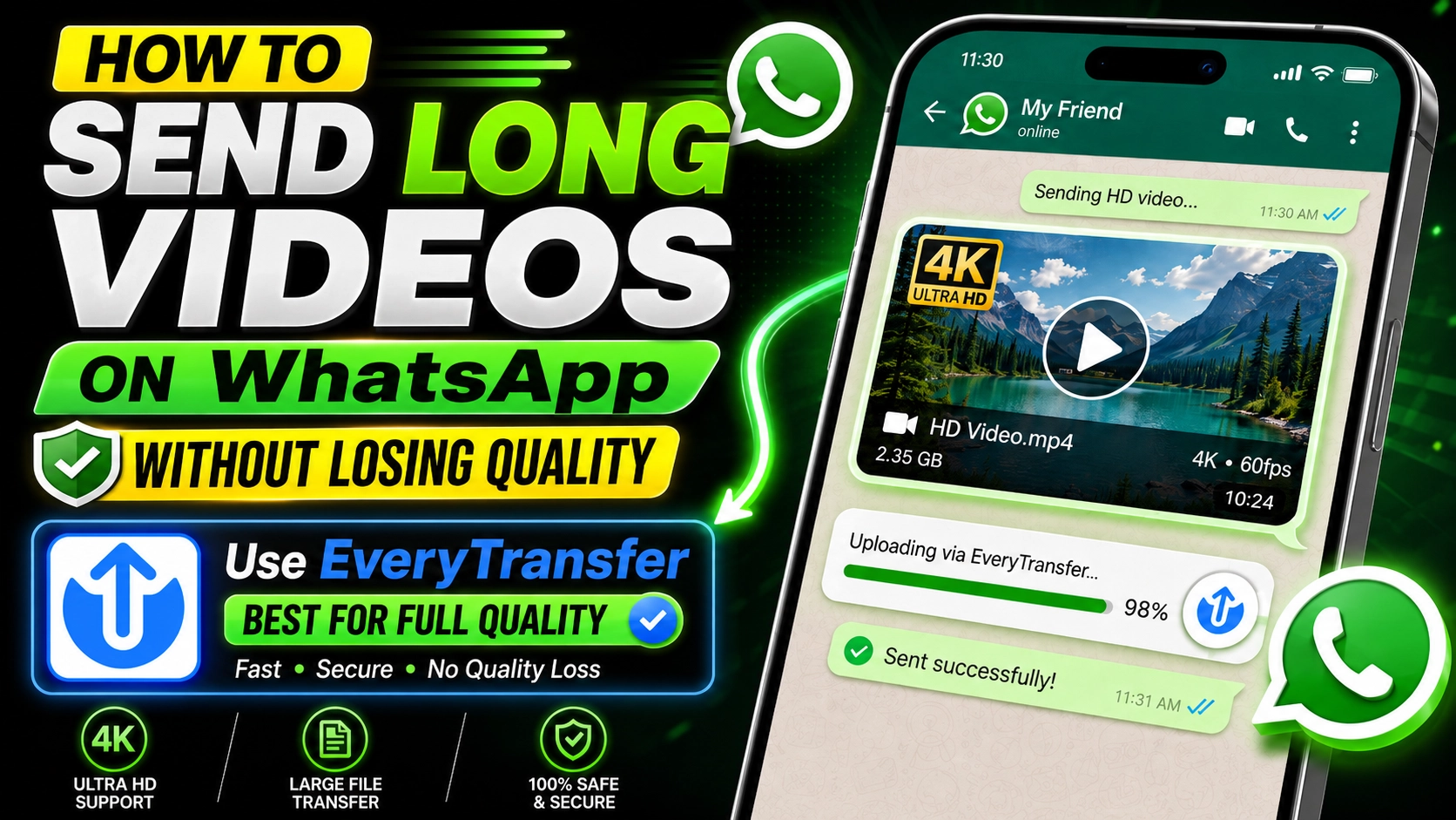 Smartphone showing a WhatsApp chat with a shared video link playing in full HD quality