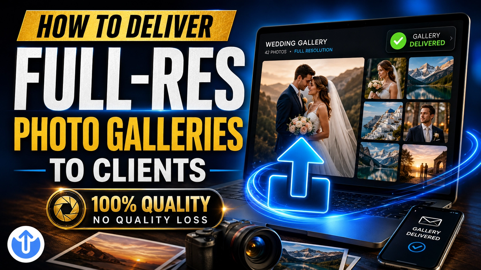 Photographer reviewing a branded online photo gallery before sending the download link to a wedding client