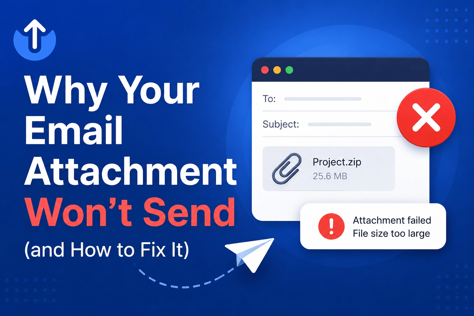 A laptop screen showing an email error message that an attachment is too large to send